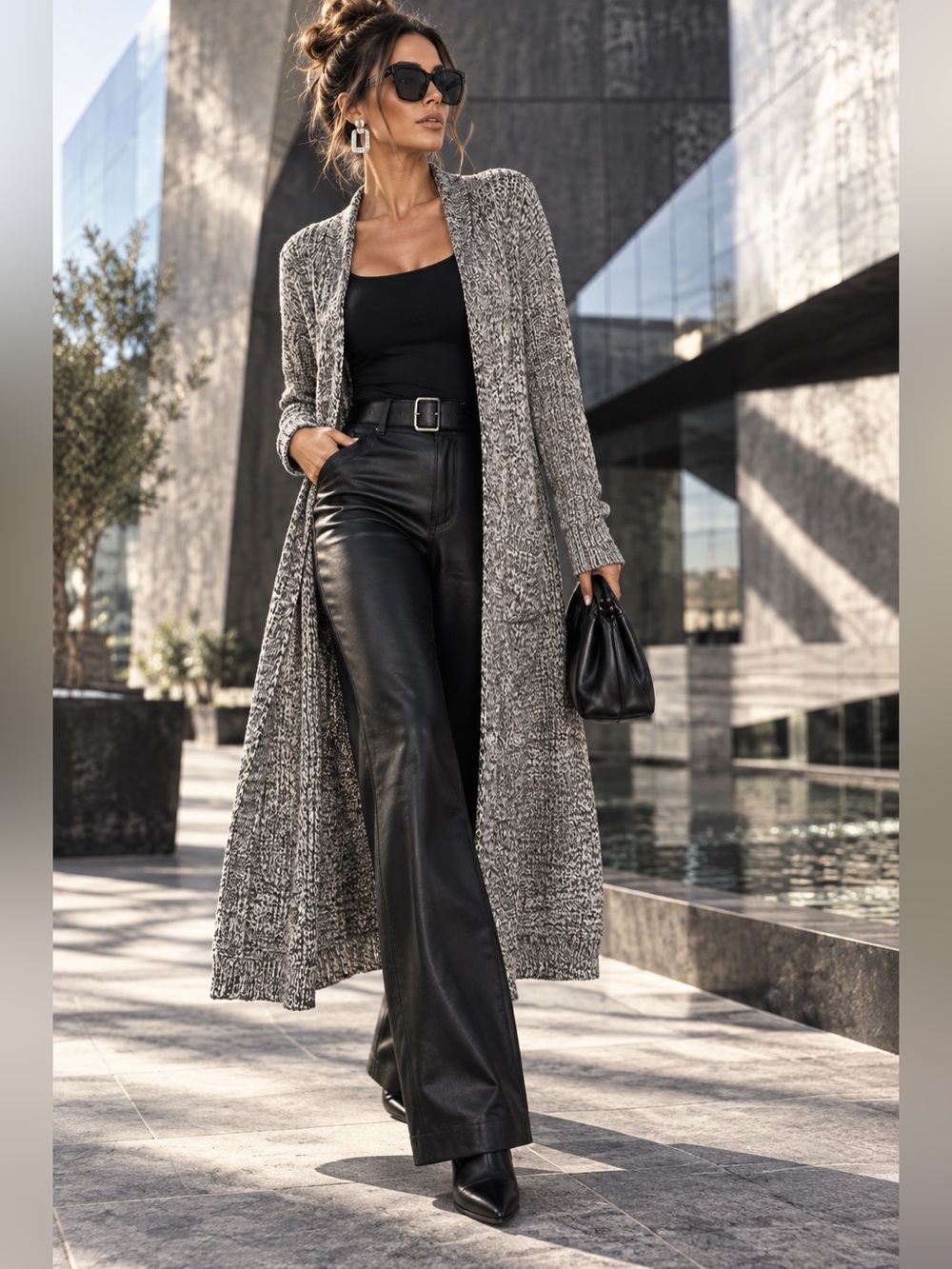 Torrid 1X Longline Cardigan Black White Marled Gray Open Textured Knit Duster